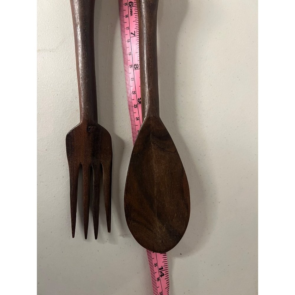 VINTAGE African Folk Art Fork and Spoon Hand Carved Wood Salad Set - Picture 3 of 10